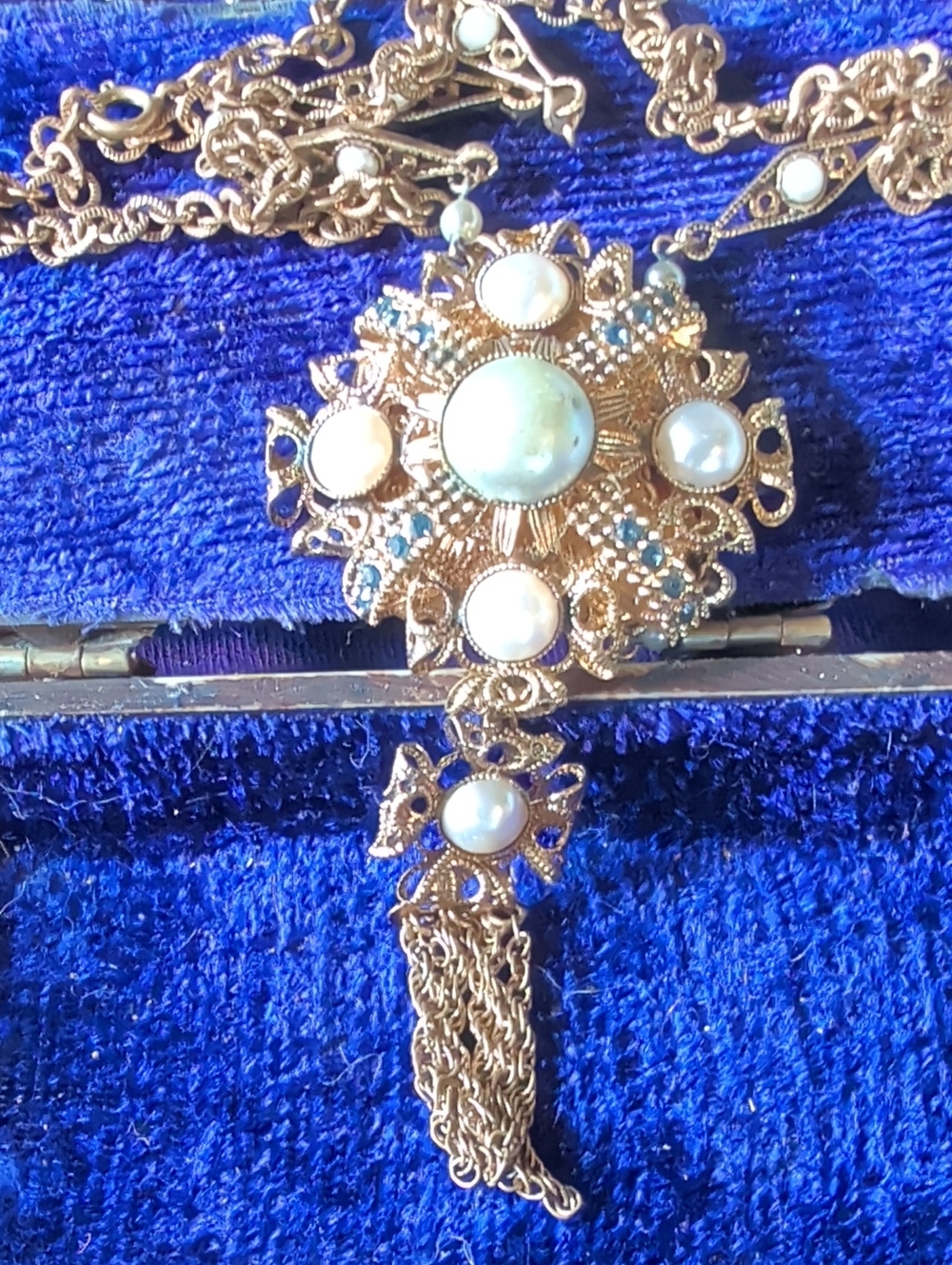 Gold-Tone Pearl Floral Statement Necklace From West Germany 28in.